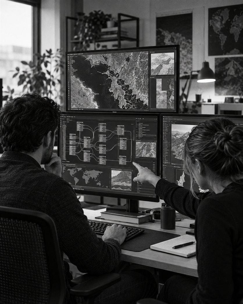 Anschauliches Schwarzweißbild von Ingenieuren, die mit Karten und verknüpften Datensystemen arbeiten