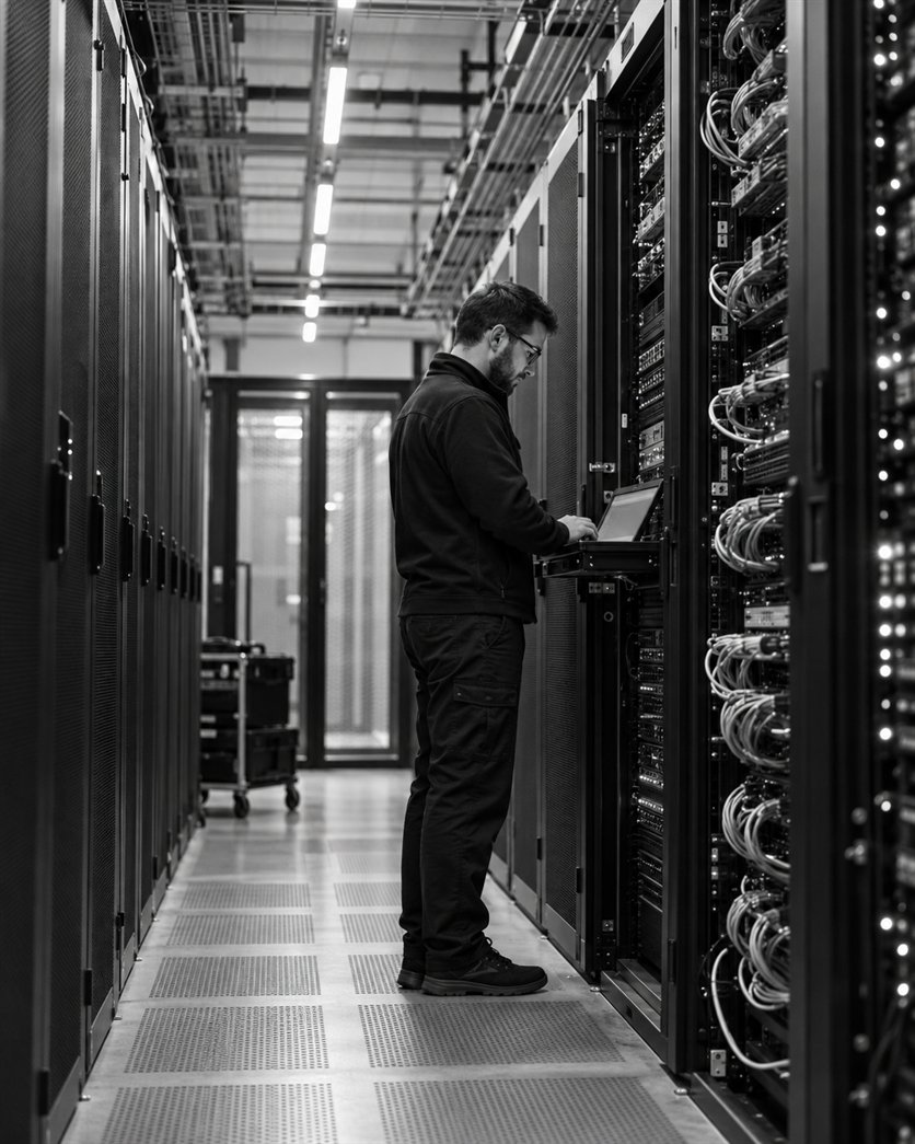 Anschauliches Schwarzweißbild eines Technikers, der die Serverinfrastruktur wartet