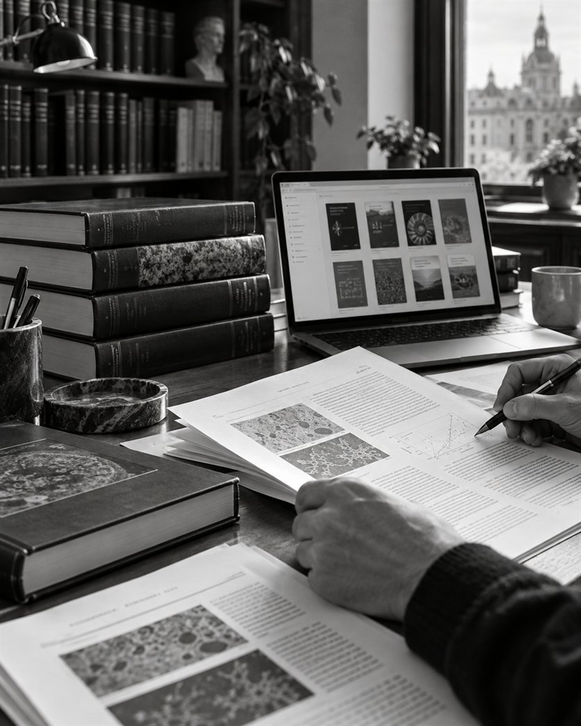 Illustratives Schwarz-Weiß-Bild von wissenschaftlichen Büchern, Manuskriptabzügen und einem digitalen Katalog